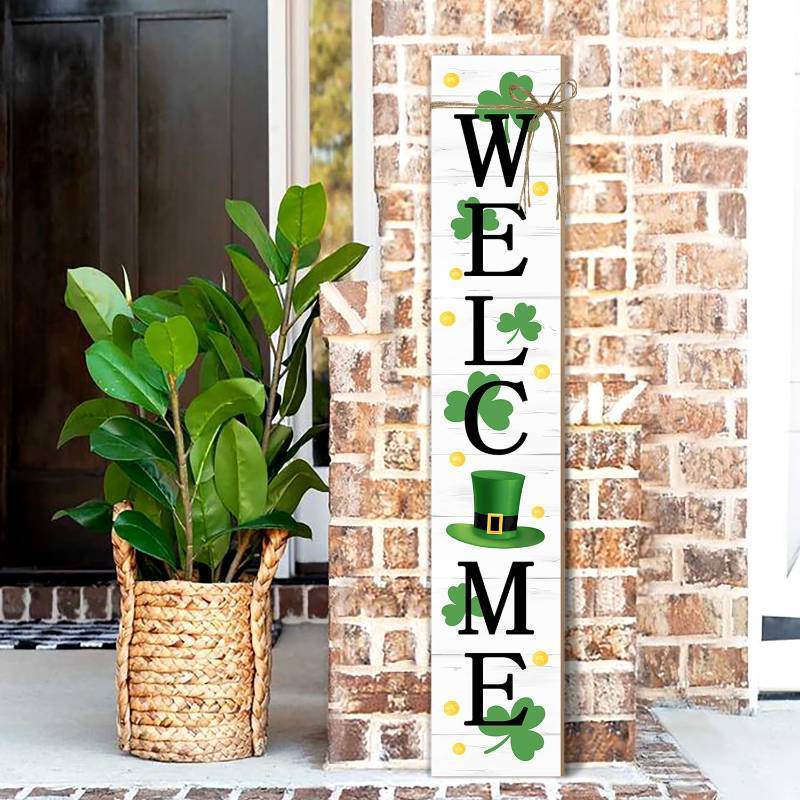 lot 44634 image: St. Patricks Day Wooden Porch Sign 47 Spring Large Welcome Porch Sign for Home Front Door Yard Clover Party Decor (Green) - Retail $25