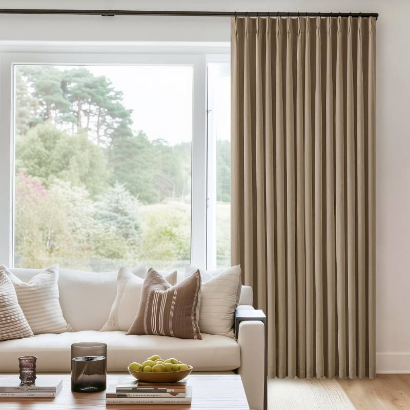 lot 49720 image: Light Brown Blackout Linen Curtains 108 Inches Long for Bedroom Pinch Pleated Black Out Curtains Lined 2 Layers Memory Shape Noise Reducing Rustic Farmhouse Living Room Darkening Window Drapes - Retail $85