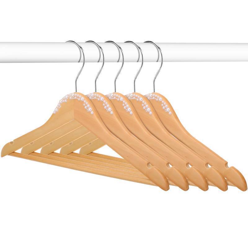 lot 22542 image: Cinnvoice 5 Pcs Bridal Dress Hanger Wooden Pearl Wedding Dress Bridal Hanger with Pearl Brown Wooden Wedding Party Gift (Wood Color,Stylish) - Retail $24