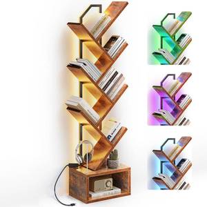 lot 45490 image: Casaottima Tree Bookshelf with LED Lights, 6-Tier Narrow Bookcase for Small Spaces, Tall Steel & Wood Storage Shelf with Cabinet, Home Decor & Organizer for Living RoomBedroomHome Office, Vintage - Retail $53