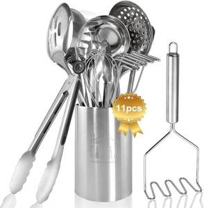 lot 45509 image: Cooking Utensils Set 9pcs - Stainless Steel Kitchen Utensils Set with Holder, Heat Resistant Kitchen Utensils Sets for Cooking with Turners, Potato Masher, Skimmer, Spoons, Ladle, Tongs, Whisk - Retail $20