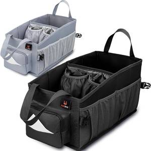 lot 45516 image: Easy-to-Reach Kids Car Organizer with Tissue Box and Cup Holder for Back Seat, Front Seat, Between Seats, Floor - Tote Car Storage Organization for Toddlers - Kids Road Trip Travel Essentials (Black) - Retail $20