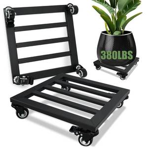 lot 45520 image: Plant Caddy with Wheels, 2 Pack 12 Inch Plant Stand with Wheels Metal Square Planter Dolly with Lockable Caster Heavy Duty Dolly Base for Indoor Outdoor Holds up 380 Lbs Pots Planter, Black - Retail $34
