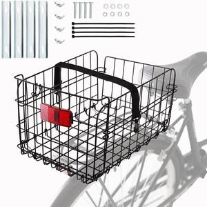 lot 45521 image: Suwimut Folding Rear Bike Basket, Quickly Release Metal Wire Bicycle Basket Cargo Rack with Strap & Reflective Tail Light for Most Mounted Bike Rack, Adult Women Men Carrying Dogs, Pets, Grocery - Retail $19