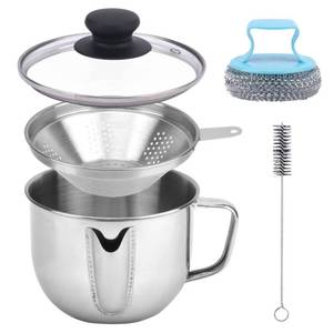 lot 45530 image: Stainless Steel Fat Separator 4 Cup1000ML Gravy Grease Separator with Strainer and Glass Lid, Soup Oil Separator Cup for Cooking, Oil Soup Separator Strainer Pot for Kitchen - Retail $18
