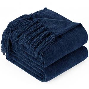 lot 45545 image: GINAMUSE Chenille Throw Blanket for Couch with Tassels,60X80 Soft Cozy Lightweight Knitted Boho Decorative Blankets for Bed and Sofa,Navy Blue - Retail $37