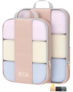 lot 58942 image: 2 Set Compression Packing Cubes for Travel Essentials,Compressible Expandable Packing Cubes for Suitcase,OlarHike Luggage Organizer Bags for Travel,Handy Helper for Organizing Clothes(Beige) - Retail $15