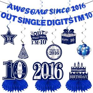 lot 58957 image: Kuxriox 11Pcs 10th Birthday Decorations Kit for Boys Men, Blue Sliver Happy 10th Birthday Banner, Awesome Since 2016 Centerpieces Swirls Party Supplies, Ten Bday Banner Ceiling Table Topper Sign - Retail $15