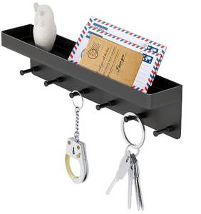 lot 58985 image: MKO Key Holder Wall Mount, Key Holder Wall Mount Adhesive with Mail Organizer Tray with 6 Key Hooks for Wall, Black - Retail $10