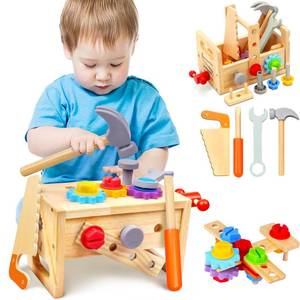 lot 56232 image: Kids Tool Set - 29 PCS Wooden Toddler Tool with Box, Montessori STEM Educational Pretend Play Construction Toy for 2 3 4 5 6 Year Old Boys Girls, Best Birthday Gift - Retail $27