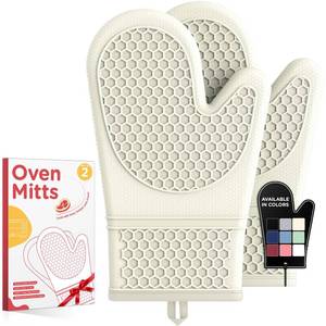 lot 56235 image: Silicone Oven Mitts, Set of 2, Heat Resistant, Oven Gloves with Soft Lining, Non-Slip Kitchen Essentials, Kitchen Gadgets, Apartment Essentials, Great Gift for Cooking, Baking, Beige - Retail $10