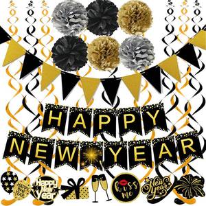 lot 56250 image: Happy New Year Banner Pom poms Triangle flag Swirls Garland Hanging Bunting for Happy New Year Party Decorations - Retail $7