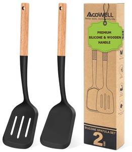 lot 56269 image: Pack of 2 Silicone Spatula Set with Elegant Wooden Handle, Heat Resistant Solid & Slotted Turner for Non Stick Pans, Great Kitchen Spatulas, Cooking Utensils for Saut�ing, Frying, Flipping -Black - Retail $10