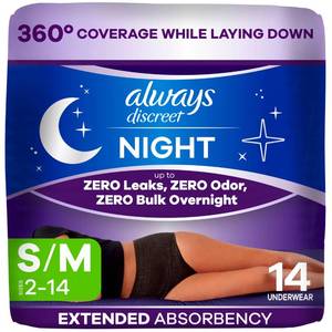 lot 56273 image: Always Discreet Adult Incontinence Overnight Underwear for Women, SmallMedium, Up to 100% Bladder Leak Protection, 14 Count - Retail $14