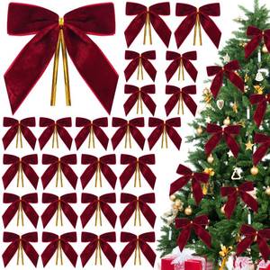 lot 56294 image: 16Pcs Burgundy Velvet Bows for Christmas Tree, Dark Red Velvet Bows Ornaments Christmas Tree Bow for Gift Wrapping Door Vintage Garland Wreath, Rustic Holiday Decor-1 Wide,3.5 x 3.5 Inch - Retail $10