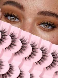 lot 56308 image: Lashes Natural Cat Eye Lashes Wispy Eyelashes 15mm False Eyelashes Wispy Lash Strips 3D Volume Fake Eyelash Thin Cotton Band Soft Eye Lash Pack 7 Pairs - Retail $9
