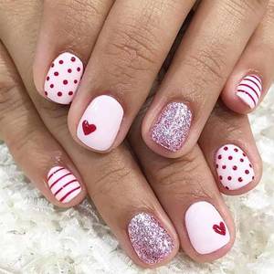 lot 56335 image: Valentines Nails Press on Nails Short Square Heart Fake Nails with Glue 24Pcs Glitter Design Valentines Red Heart Full Cover False Nails for Women DIY Manicure Decoration - Retail $5