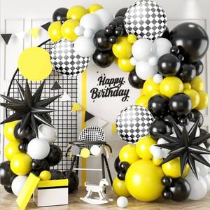 lot 56337 image: Black White Yellow Balloon Arch Kit, Balloons Garland Kit with Black White Checkered Star Balloons for Boys 1st Birthday Party Decorations - Retail $14