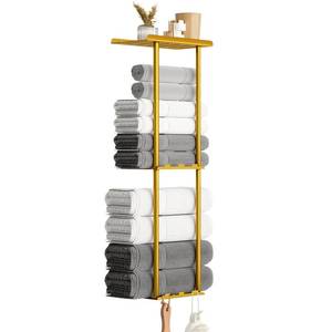 lot 56352 image: Towel Racks for Bathroom, 3 Tier Metal Towel Holder, with Shelf & 6 Hooks, 29 inch Wall Mounted Towel Storage, 6 Large Bath Towels Capacity, Small Bathroom Towel Rack for Rolled Towels, Gold - Retail $12