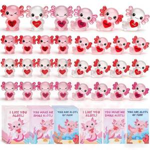 lot 56356 image: 30 Pcs Luminous Mini Resin Axolotl, Valentines Day Tiny Axolotl Figurines Miniature Animal Charm Ornament with 30 pcs Gifts Cards for Fairy Garden Landscape Aquarium Potted Birthday - Retail $19