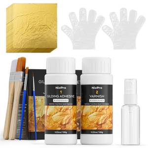 lot 56361 image: Gold Leaf Gilding Adhesive Set, 100ml Water Based Glue and 100ml Varnish, 100 pcs Gold Leaf Sheets for Arts, Painting, Craft, Furniture and Decoration with 4 Brushes (missing glove) - Retail $16