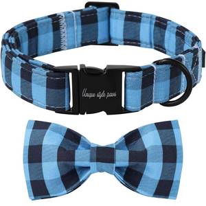 lot 56379 image: Unique style paws Cotton Dog Collar with Bow Puppy Collar with Black Blue Grid for Small Medium Large Boys Girls Dogs - Retail $17