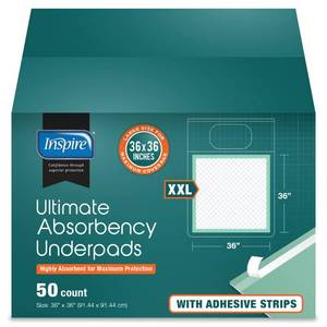 lot 56476 image: Inspire Super and Ultra Absorbent Disposable Bed Pads, 36 X 36, Pack of 50 with Adhesive, XXL - Retail $52