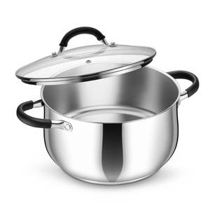 lot 56479 image: Stainless Steel Stock Pot, 6 Qt Cooking Soup Pot with Visible Lid for Pasta, Tri-Ply Bottom & Dual Heatproof Handles, For Induction Gas All Stoves, Non-Toxic & Dishwasher Safe - Retail $25