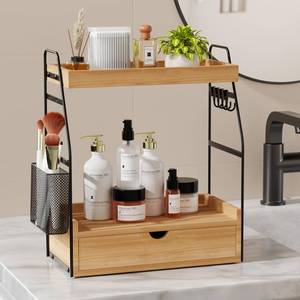 lot 56487 image: 2 Tier Bathroom Counter Organizer with Drawer & Basket, Wooden Vanity Tray Countertop Shelf Accessories for Makeup Storage, Coffee Bar Station, Perfume Skincare, Kitchen, Bedroom (Brown) - Retail $40