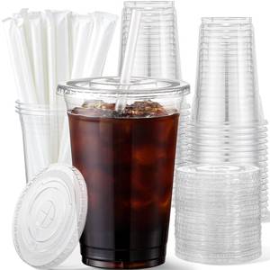 lot 56509 image: 16 oz Plastic Cups with Lids and Straws, 50 Pack, Disposable Iced Coffee Cups with Lids, Clear Cups with Lids for Cold Drinks, Iced Tea, Milkshakes, Smoothies - Durable & BPA Free - Retail $16