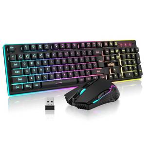 lot 56518 image: RedThunder K10 Wireless Gaming Keyboard and Mouse Combo, LED Backlit Rechargeable 3800mAh Battery, Mechanical Feel Anti-ghosting Keyboard  7D 3200DPI Mice for PC Gamer (Black) - Retail $50