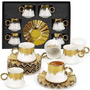 lot 56521 image: Coffee Cup Set of 6 with Saucers, 3.5 OZ Ceramic Espresso Cups, Deco Gold Trim Coffee Cup Gift for Cappuccino, Latte, Cafe Mocha and Tea, Dishwasher & Microwave Safe (White and Gold) - Retail $26
