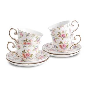 lot 56522 image: Tea Cups and Saucers Ceramic Coffee Mug 6oz for Coffee, Latte, Cafe Mocha and Tea-Set of 4, white with flowers - Retail $35