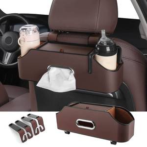 lot 56525 image: HOLDCY Car Back Seat Organizer with 2 Drink Cup Holder - Tissue Box and Storage Box Hook - Multi-functional Storage - Great for Kids and Travel (Brown) - Retail $27