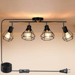 lot 56528 image: Plug in Track Lighting Fixtures Ceiling, Adjustable 4-Light Track Light Black, Directional Modern Ceiling Spotlight E26 with 16.4ft Cord & in-Line OnOff Switch for Kitchen Living Room Dorm - Retail $51