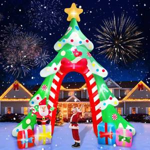 lot 812 image: Kalolary 12FT Christmas Inflatable Archway Outdoor Decorations, Xmas Tree Arch Blow Up Yard Decoration Santa Claus Candy Gifts Inflatable with Build-in LED Lights for Yard Lawn Garden Outdoor Decor - Retail $100