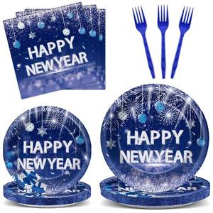 lot 813 image: 100PCS Happy New Year Party Plates and Napkins Party Supplies Blue 2026 New Years Eve Platters Dessert Cake Tableware Set Party Decor Favor for New Year Evening Party Celebration Decoration Serves 25 - Retail $22