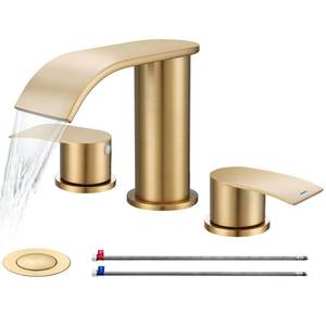 lot 833 image: Ultimate Unicorn 8 inch Bathroom Faucet Champagne Bronze, Waterfall Bathroom Sink Faucet with Metal Pop-up Sink Drain Stopper and 2 Supply Hoses, DJS-MP-3JT-CG-PB-C - Retail $80