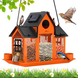 lot 850 image: Missing One Glass Panel YYWMWM Solar Bird Feeders House for Outside Hanging, Metal Wild Bird Feeder for Outdoors, Large Cardinal Bird Feeder Birdhouses Orange - Retail $43