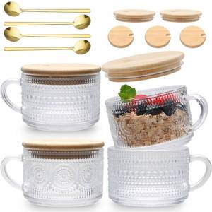 lot 853 image: 4pcs Overnight Oats Containers with Lids,Vintage Coffee Mugs gifts for women,Glass Cups with Spoons and Bamboo Lids,Great for Coffee, Overnight Oats,Juice. Excellent Choice for Gift Giving,Party - Retail $22