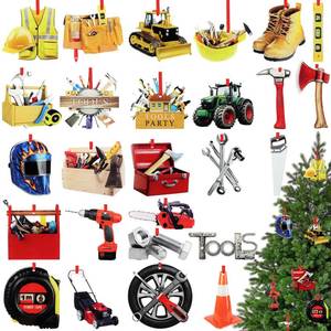 lot 856 image: Fullhawl 26 Pcs Construction Tools Christmas Tree Ornaments Acrylic Xmas Hanging Double Sided Pattern Handyman Ornaments for Home Party Decor - Retail $21
