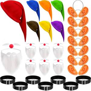 lot 858 image: Marsui 35 Pieces Halloween Dwarf Costumes Accessories Dwarf Hats Fake Ears Santa White Fake Beard Nose and Classic Belt - Retail $44