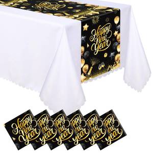 lot 872 image: Gilprop 6 Pcs Happy New Year Table Runner 14 x 108 inch Black Gold Plastic Tablecloth Balloons Fireworks Table Runner for 2026 New Years Eve Holiday Celebration Party Supplies Decor - Retail $12