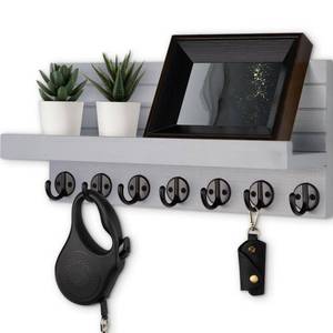 lot 879 image: Lwenki Key Holder Wall Mount, Entryway Key and Mail Holder with 7 Sturdy Hooks for Sunglasses, Dog Leash, Decorative Wall Shelf with Mounting Hardware, 15��W x 6.7��H x 4.2��D (Gray) - Retail $20