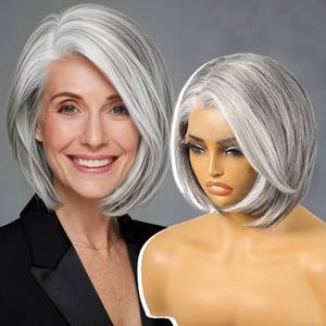 lot 880 image: KOME Grey Synthetic Lace Front Wig,Silver Side Part Short Straight Glueless Bob Wigs for White Women Daily Use 10IN (#260HL) - Retail $46