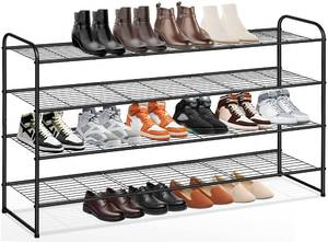 lot 885 image: KEETDY 4-Tier Long Shoe Rack for Closet Metal Shoe Organizer for Entryway, Wide Stackable Shoe Storage Shelf with Sturdy Wire Grid for Closet Floor, Bedroom, Black - Retail $47