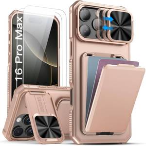 lot 886 image: SSLOTSCASE for iPhone 16 Pro Max Case with 2X Screen Protector, Sliding Lens Cover & Kickstand & Credit Card Holder, Military-Grade Protection Rugged Phone Cover for iPhone 16 Pro Max, Rose Gold - Retail $28