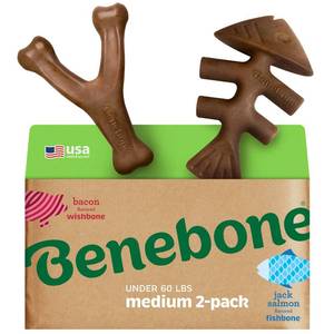 lot 898 image: Benebone 2-pack FishboneWishbone Durable Dog Chew Toys, Real Fish, Real Bacon, Made in USA, Medium - Retail $16