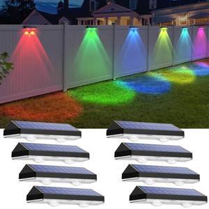lot 904 image: Solar Fence Lights Outdoor - Warm White & RGB 6 Color, Dusk to Dawn Solar Deck Light, Solar Lights Outdoor IP65 Waterproof, Garden Lights for OutsideBackyardRailingStepPatioWall (8 Pack) - Retail $43