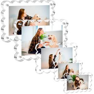 lot 938 image: Lengba 5-Piece Acrylic Magnetic Picture Frames Set - Double Sided Picture Frame with Wavy Edges for 4x6, 3.1x4.7 & 2.3x3.5 Photos, Standing Desktop Displays (Clear) - Retail $17